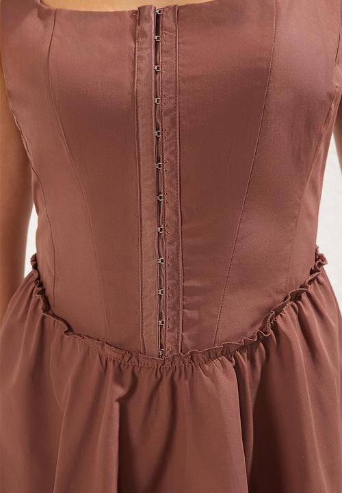Trendyol - A-Line Poplin Woven Short Elegant Evening Prom Dress - Brown