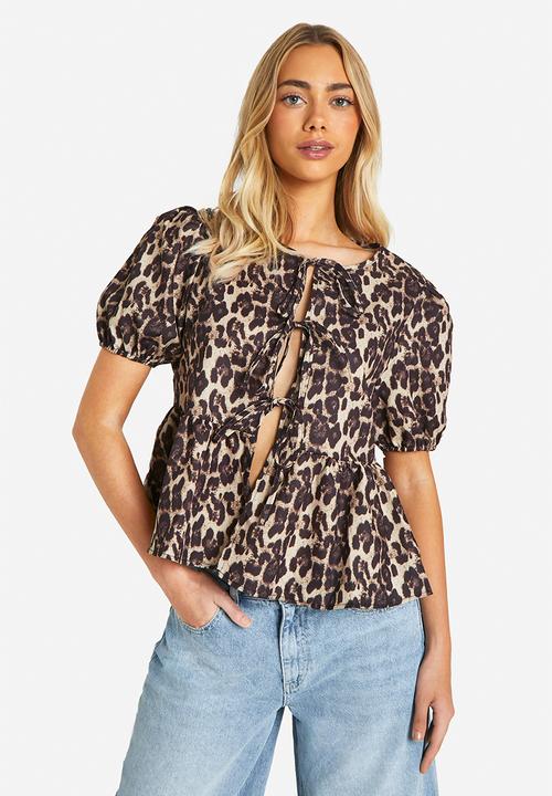 boohoo - Leopard puff sleeve bow tie blouse - brown