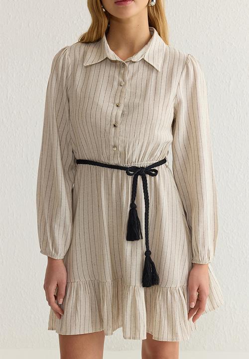 Trendyol - Stone Belted Striped Mini Woven Shirt Dress