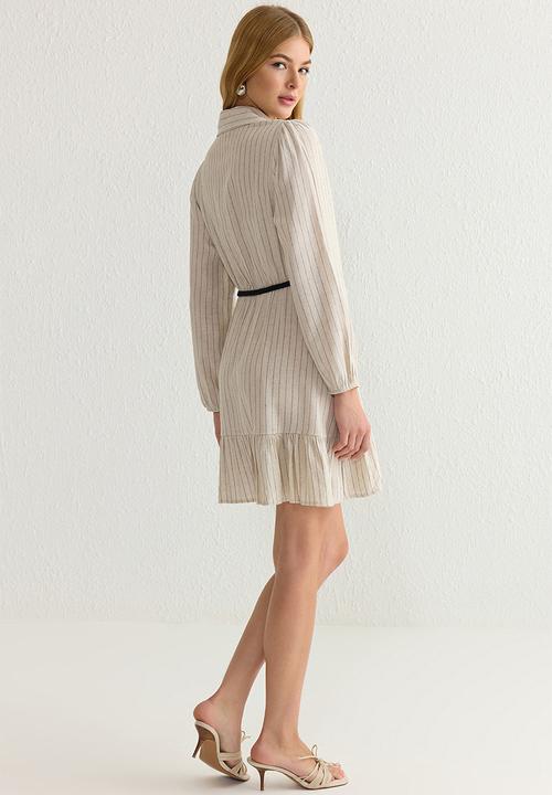 Trendyol - Stone Belted Striped Mini Woven Shirt Dress