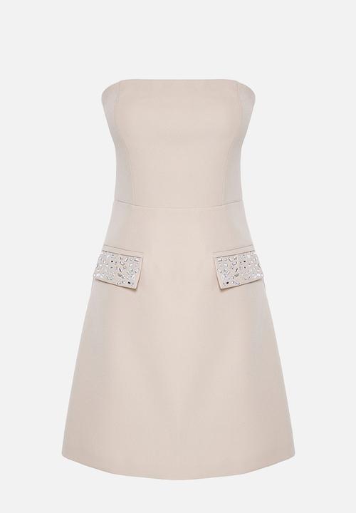 Trendyol - Shiny Stone Strapless Woven Evening Dress Graduation Dress - beige