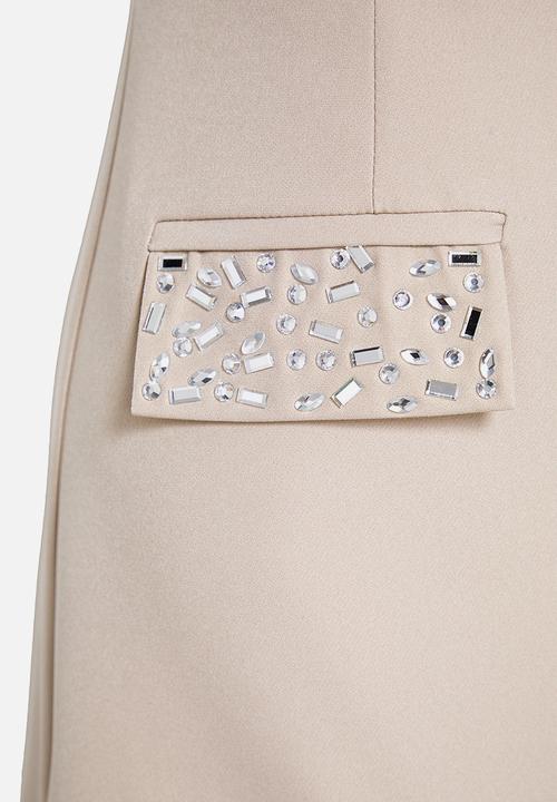 Trendyol - Shiny Stone Strapless Woven Evening Dress Graduation Dress - beige