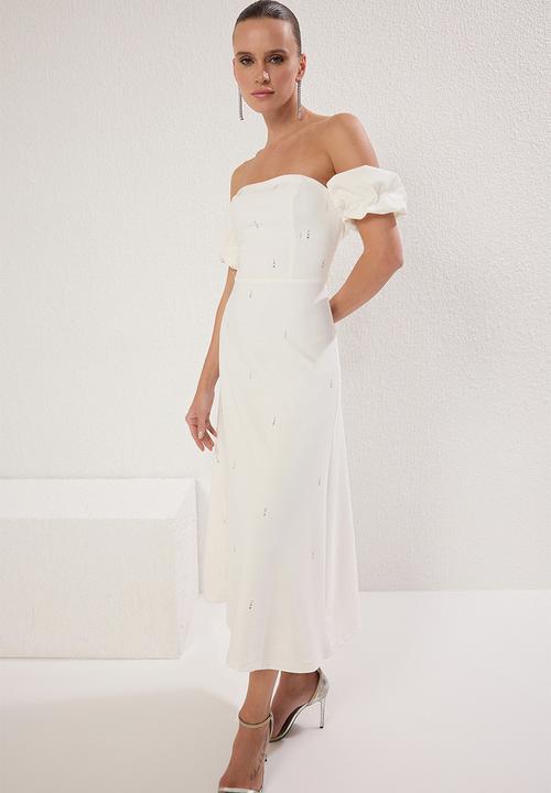 Trendyol - White Fitted Stone Print Detailed Woven Midi Chic Evening Dress