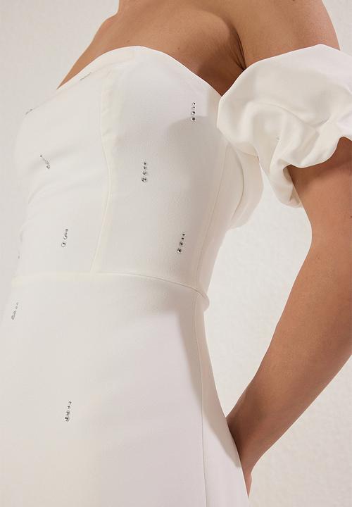 Trendyol - White Fitted Stone Print Detailed Woven Midi Chic Evening Dress