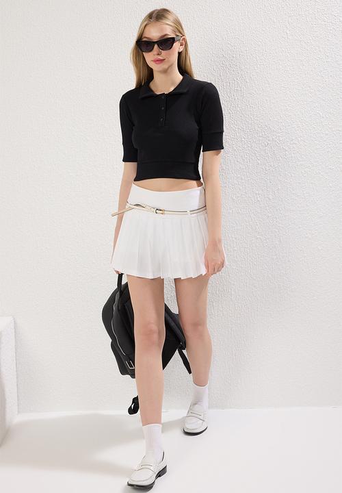 Trendyol - Polo Neck Crop Ribbed Stretchy Knitted Top - Black*001