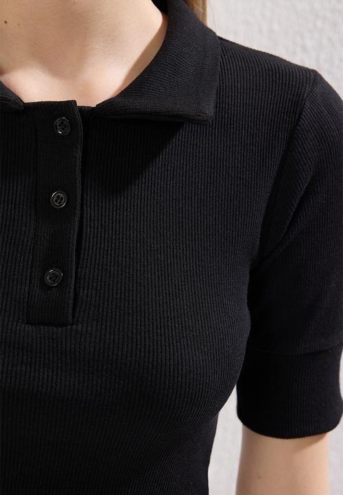 Trendyol - Polo Neck Crop Ribbed Stretchy Knitted Top - Black*001