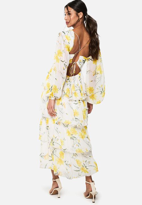 boohoo - Floral chiffon plunge ruffle midi dress - white
