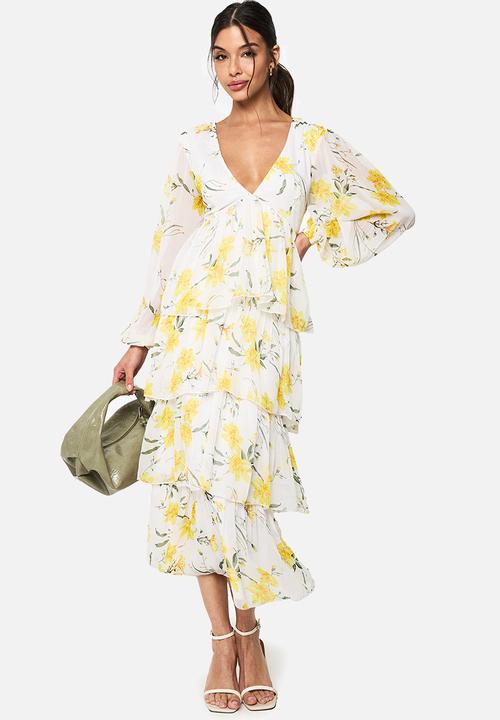 boohoo - Floral chiffon plunge ruffle midi dress - white