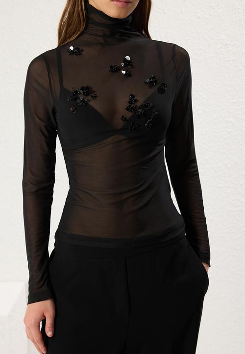 Trendyol - Black Floral Accessory Detailed Tulle Fitted Knitted Top