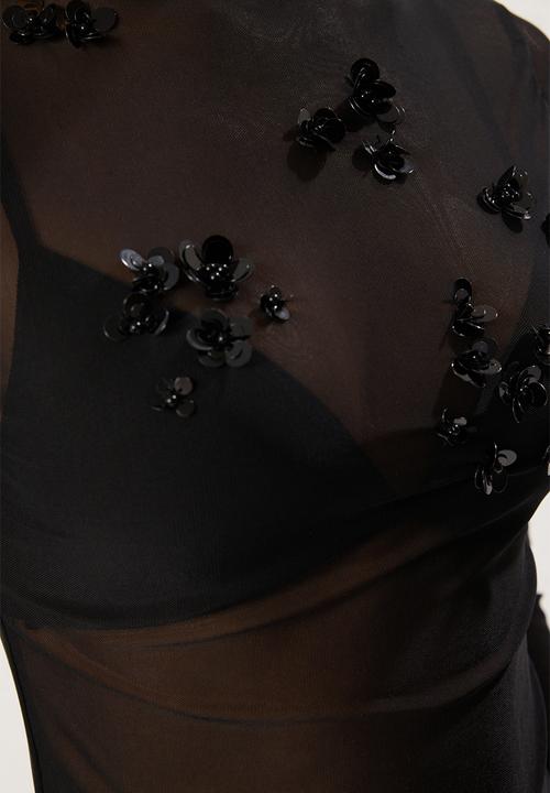 Trendyol - Black Floral Accessory Detailed Tulle Fitted Knitted Top
