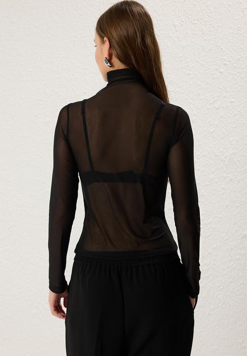 Black Floral Accessory Detailed Tulle Fitted Knitted Top