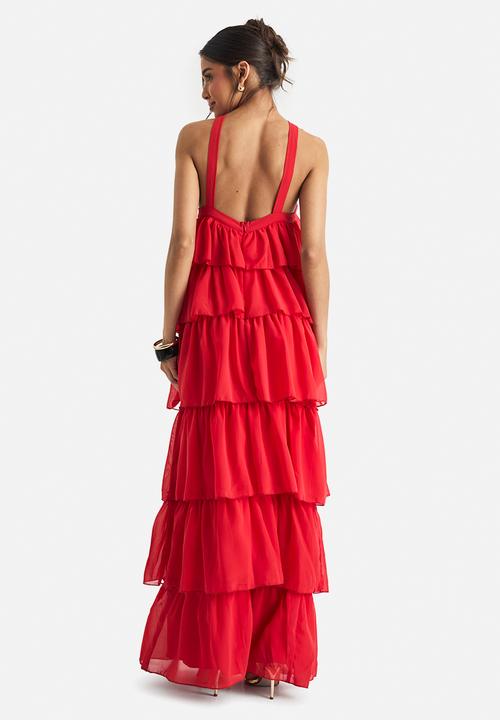 boohoo - Chiffon tiered halterneck maxi dress - red