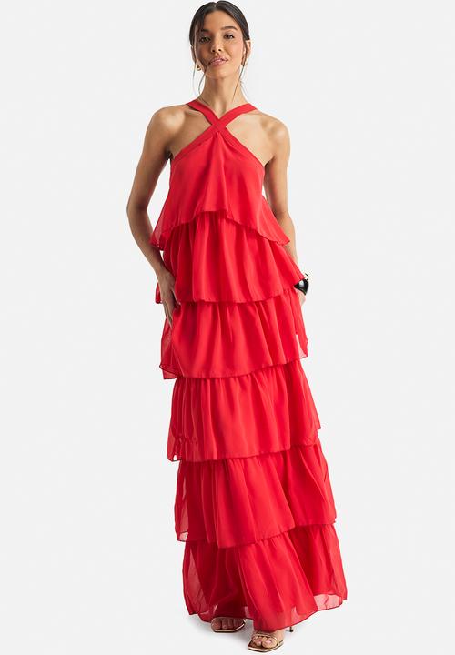 boohoo - Chiffon tiered halterneck maxi dress - red