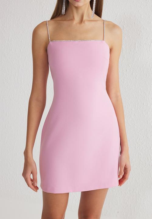 Trendyol - Accessory Detailed Strapless Woven Short Elegant - Pink Stone