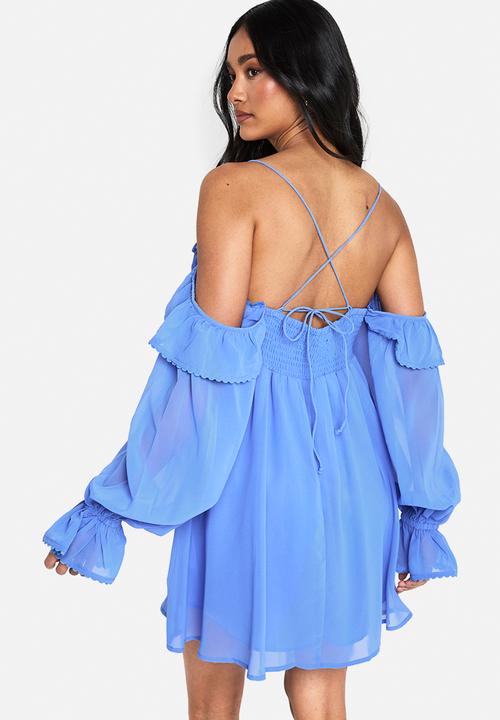 boohoo - Chiffon cold shoulder layered mini dress - pastel blue