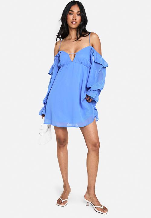 boohoo - Chiffon cold shoulder layered mini dress - pastel blue