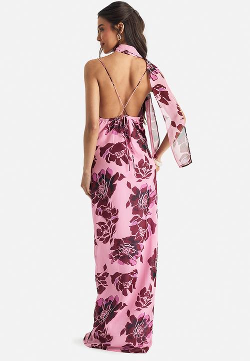 boohoo - Floral chiffon slip dress with neck tie - pink