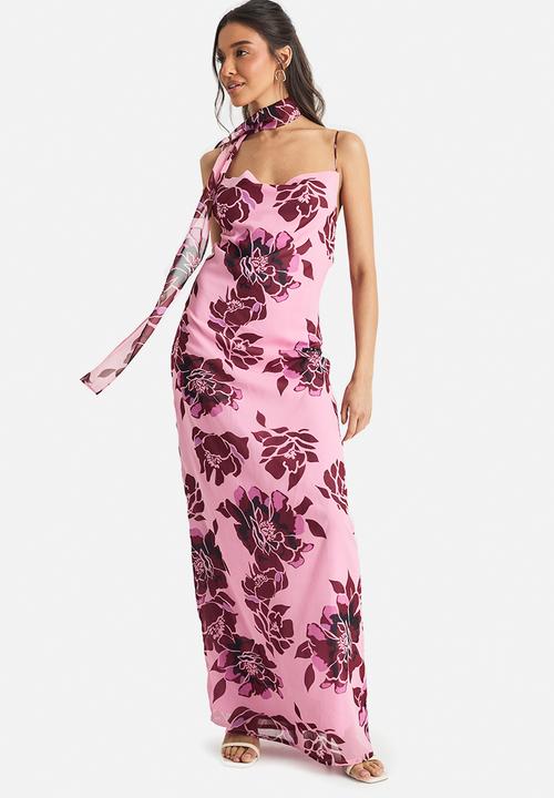 Floral chiffon slip dress with neck tie