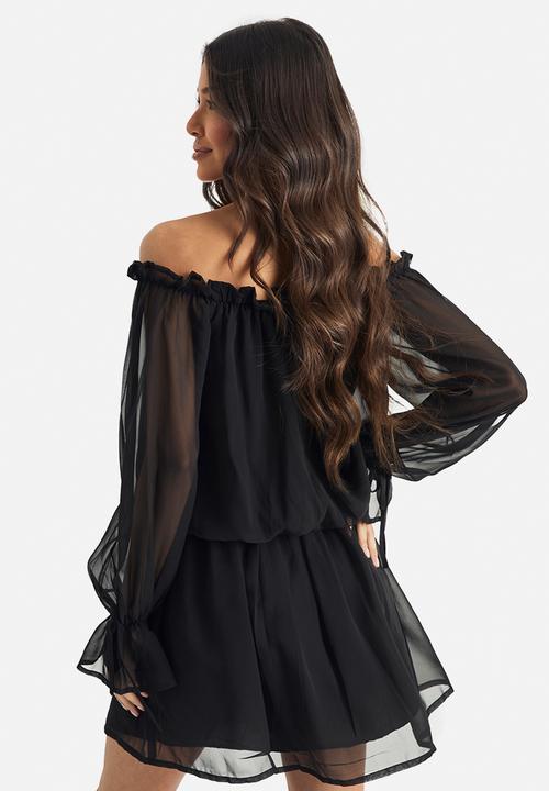 boohoo - Chiffon bardot dropped waist mini dress - black