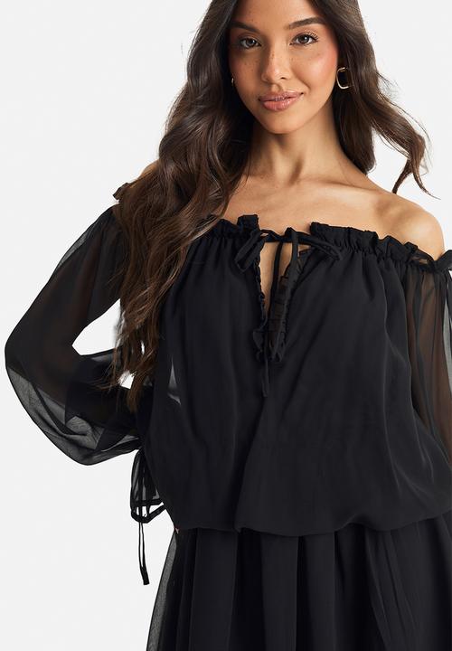 boohoo - Chiffon bardot dropped waist mini dress - black
