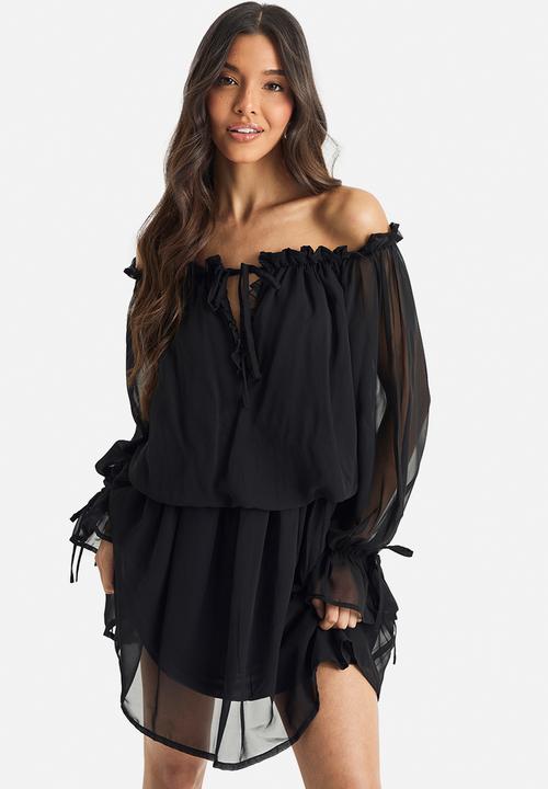 Chiffon bardot dropped waist mini dress