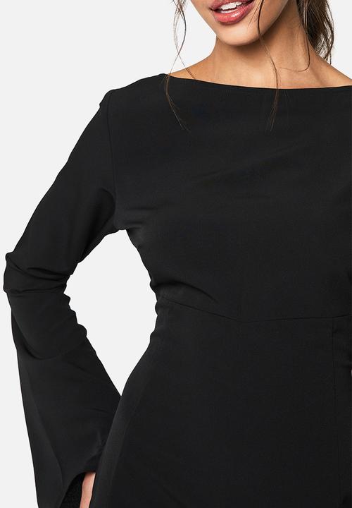 boohoo - Textured slash neck long sleeve godet mini dress - black