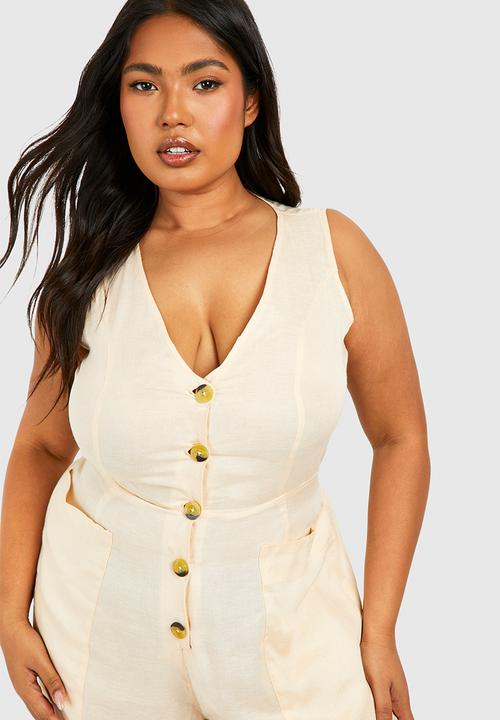 boohoo - Plus woven tailored button down jumpsuit - stone
