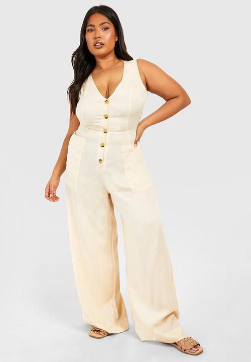 boohoo - Plus woven tailored button down jumpsuit - stone