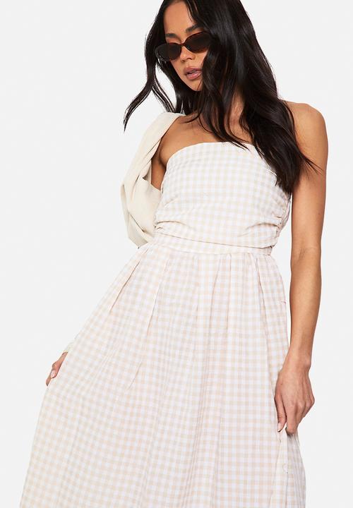 boohoo - Gingham ruched bandeau midaxi dress - stone