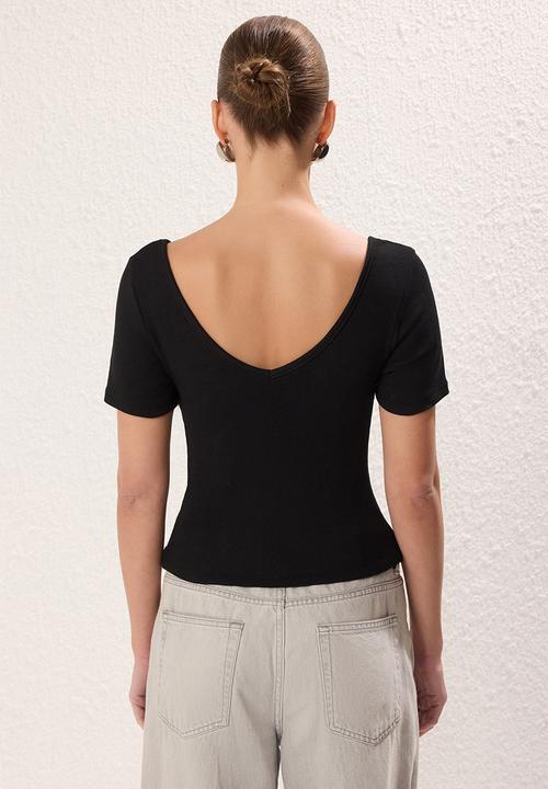 Trendyol - 2-Pack V-Neck Short Sleeve Elastic Knitted Top - Black/Grey