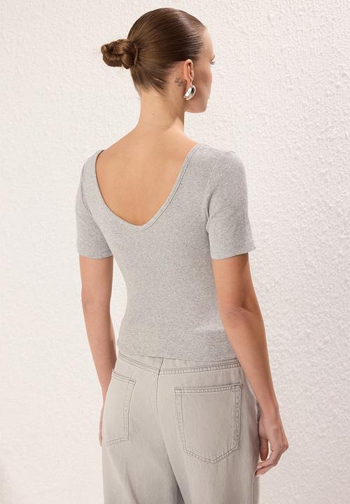 Trendyol - 2-Pack V-Neck Short Sleeve Elastic Knitted Top - Black/Grey