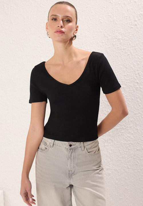 Trendyol - 2-Pack V-Neck Short Sleeve Elastic Knitted Top - Black/Grey
