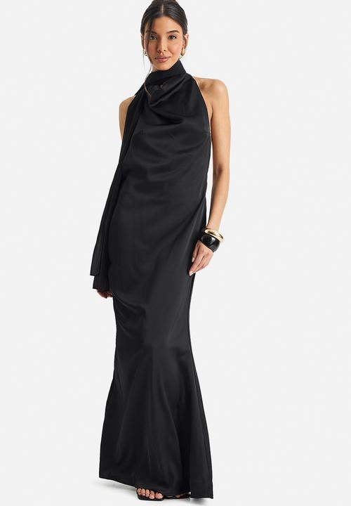 sachin and babi light blue dress elegant black satin strapless dress 3d floral accent scarf