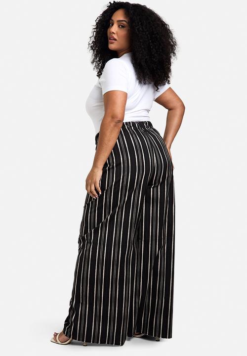 boohoo - Plus stripe woven drawstring wide leg trouser - black