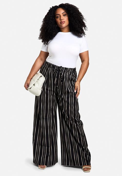 boohoo - Plus stripe woven drawstring wide leg trouser - black