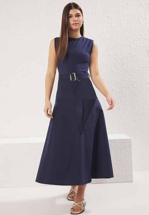 Belted A-Line Midi Gabardine Woven Dress - Navy Blue