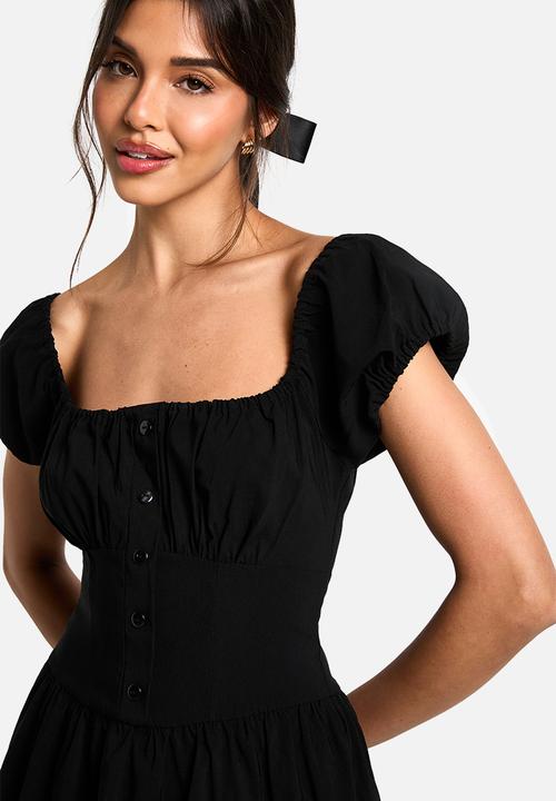 boohoo - Puff sleeve milkmaid midi dress - black