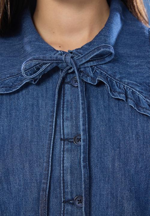 Trendyol - Tie Detail Baby Collar Denim Shirt - Dark blue