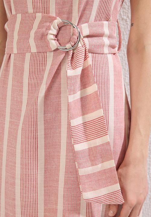 Trendyol - Striped Belted Mini Woven Dress - Red
