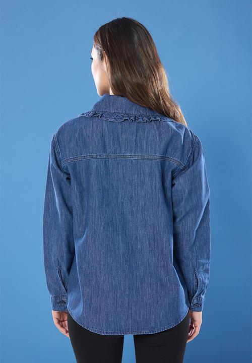 Trendyol - Tie Detail Baby Collar Denim Shirt - Dark blue