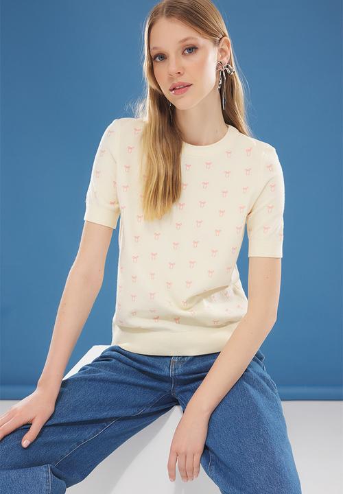 Trendyol - Ribbon Printed Premium Yarn  Knitwear Top - Ecru 