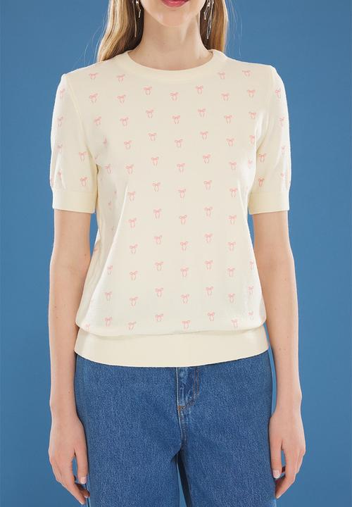 Trendyol - Ribbon Printed Premium Yarn  Knitwear Top - Ecru 