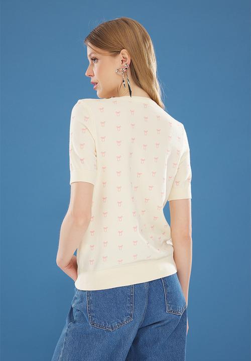 Trendyol - Ribbon Printed Premium Yarn  Knitwear Top - Ecru 