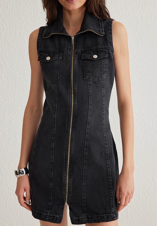 Trendyol - Zipper Detailed Stand Collar Mini Denim Dress - Black