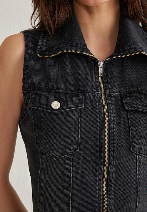 Trendyol - Zipper Detailed Stand Collar Mini Denim Dress - Black