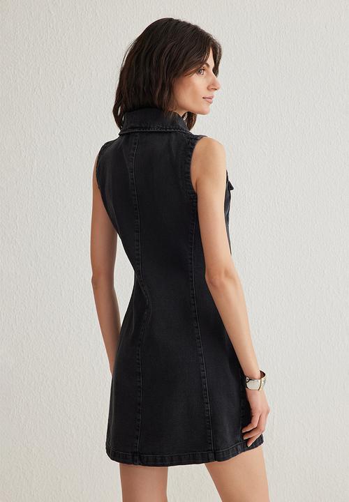 Trendyol - Zipper Detailed Stand Collar Mini Denim Dress - Black
