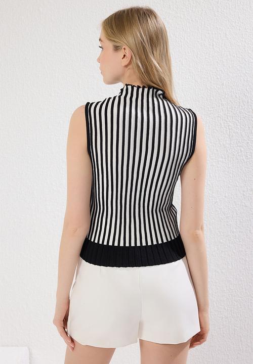 Trendyol - Striped Stand Collar Premium Yarn Knitwear -Black & White