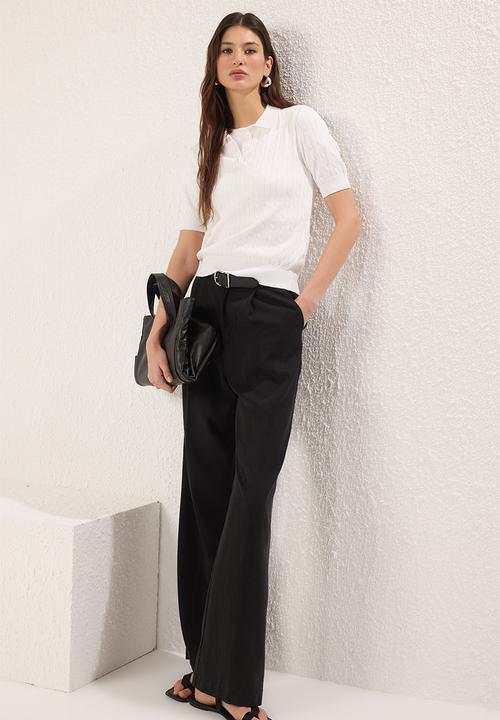 Trendyol -  Polo Collar Knitted Premium Yarn Top-Ecru