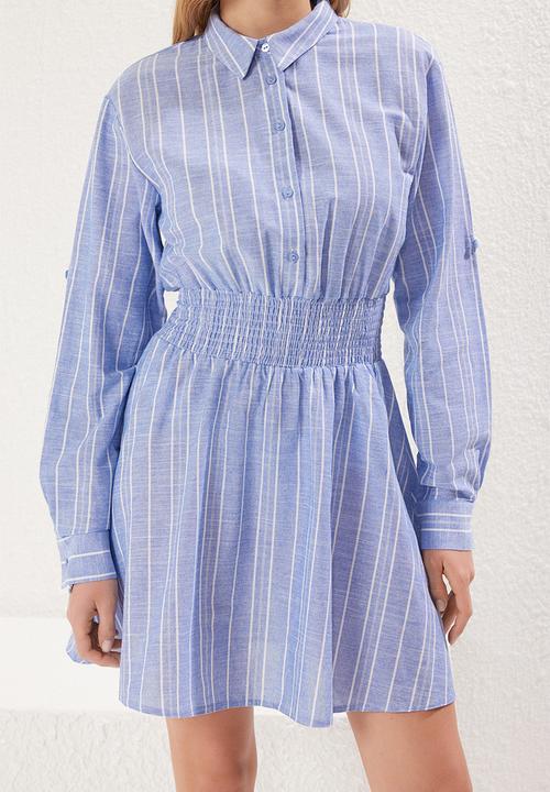 Trendyol - Striped Mini Woven Dress with Open Waist Skirt - Blue