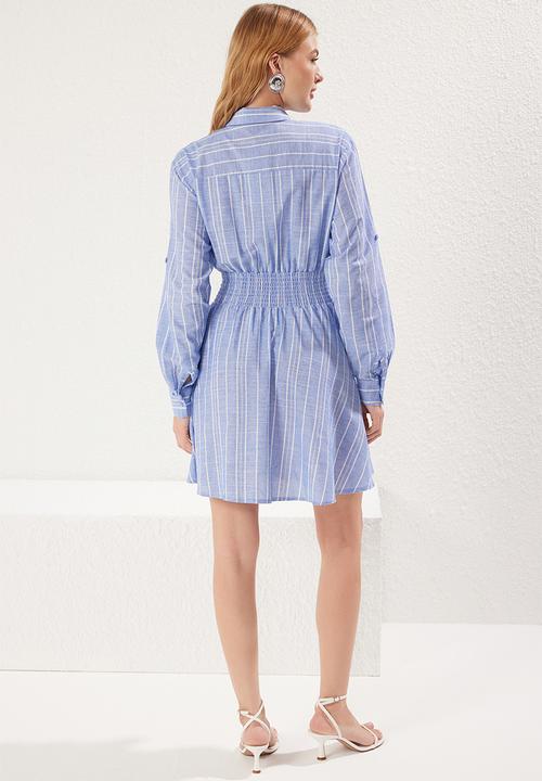 Trendyol - Striped Mini Woven Dress with Open Waist Skirt - Blue
